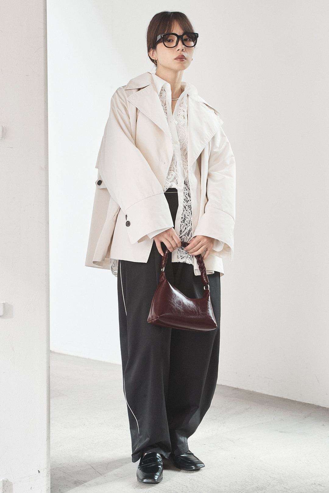 [SET]ナイロントレンチコート+合繊ツイルパイピングタックカーブパンツ(2set)