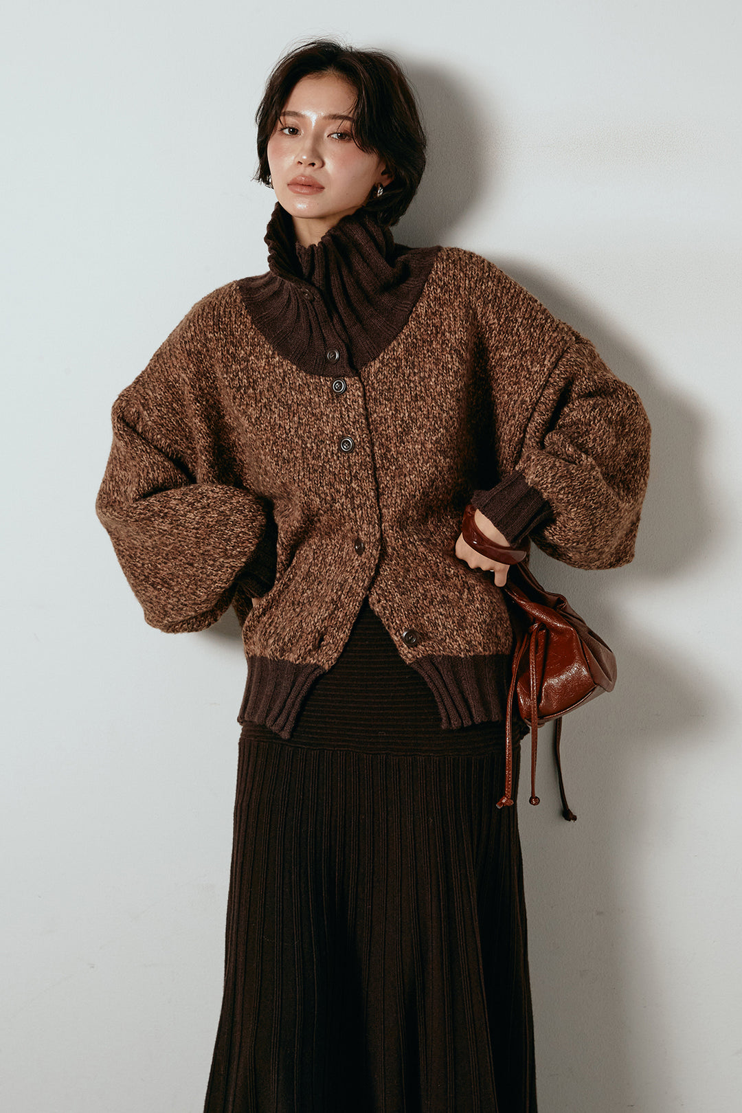 [SET]ハイネックミックスニットカーディガン+編み地切り替えフレアニットスカート(2set)