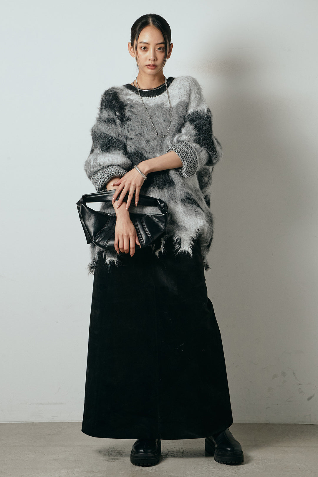 [SET]起毛裾デザインニュアンス柄ニットトップス+エコスウェードワイドスカート(2set)