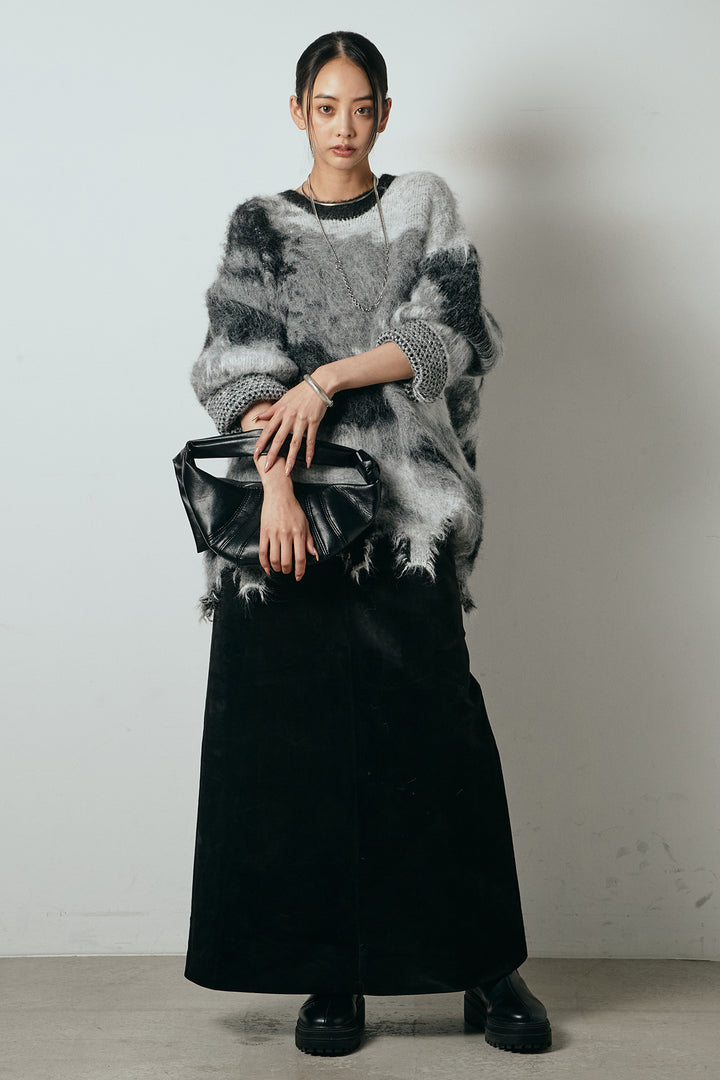 [SET]起毛裾デザインニュアンス柄ニットトップス+エコスウェードワイドスカート(2set)