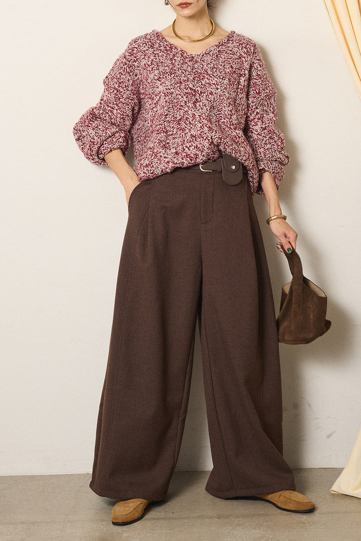 [SET]Vネックミックス編みニットトップス+ポーチベルト付きカーブパンツ(2set)