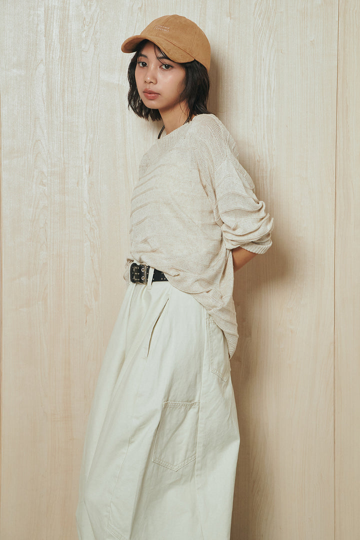 [SET]麻混リラックスニットトップス+ベルト付きカラーデニムパンツ(2set)