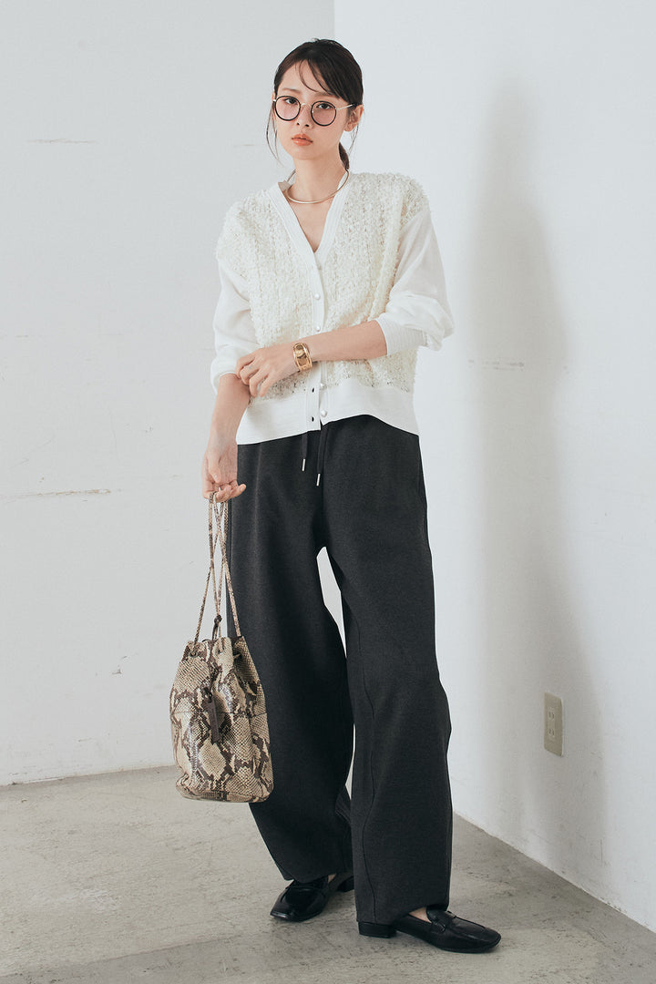 [SET]モコレースVネックカーディガン+カットダンボールウエストフリルカーブパンツ(2set)