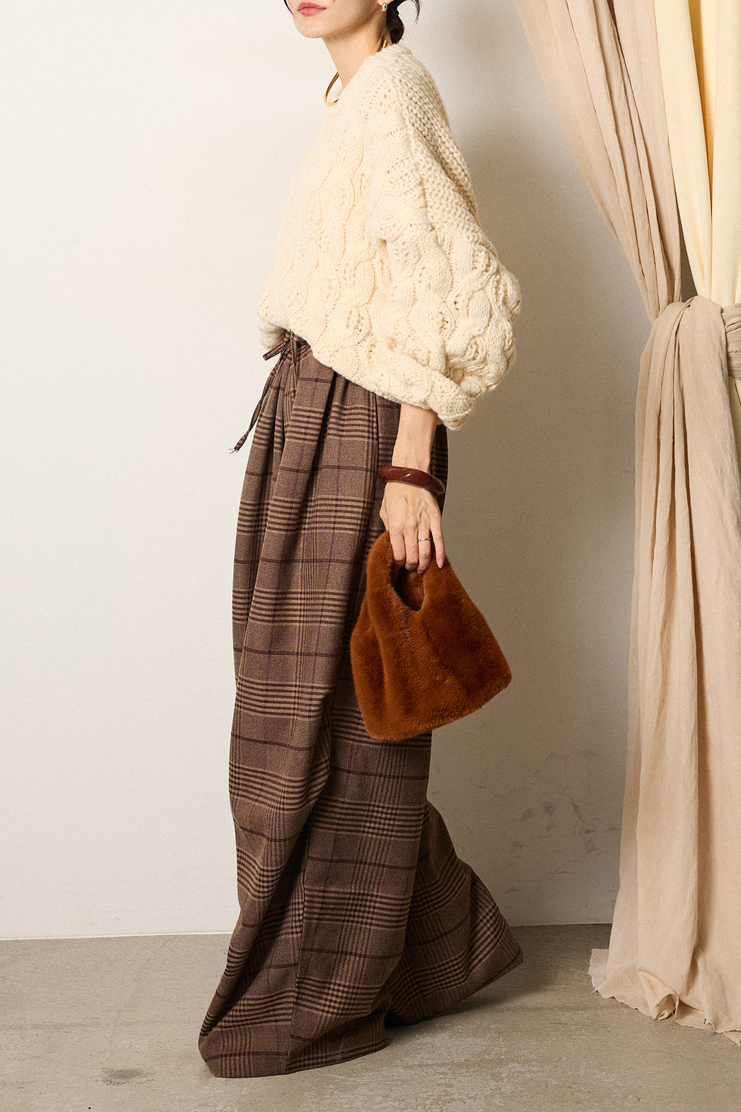 [SET]ケーブルリラックスショートニット+グレンチェックルーズタックパンツ(2set)