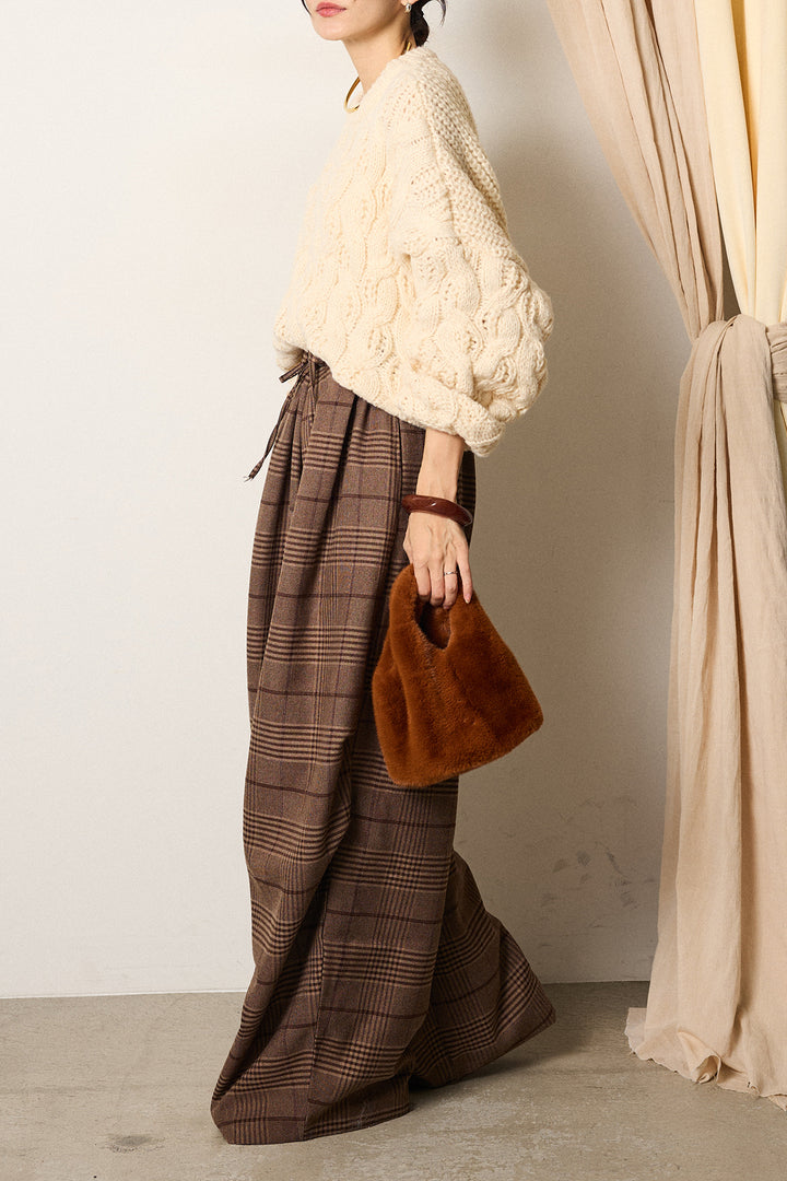 [SET]ケーブルリラックスショートニット+グレンチェックルーズタックパンツ(2set)