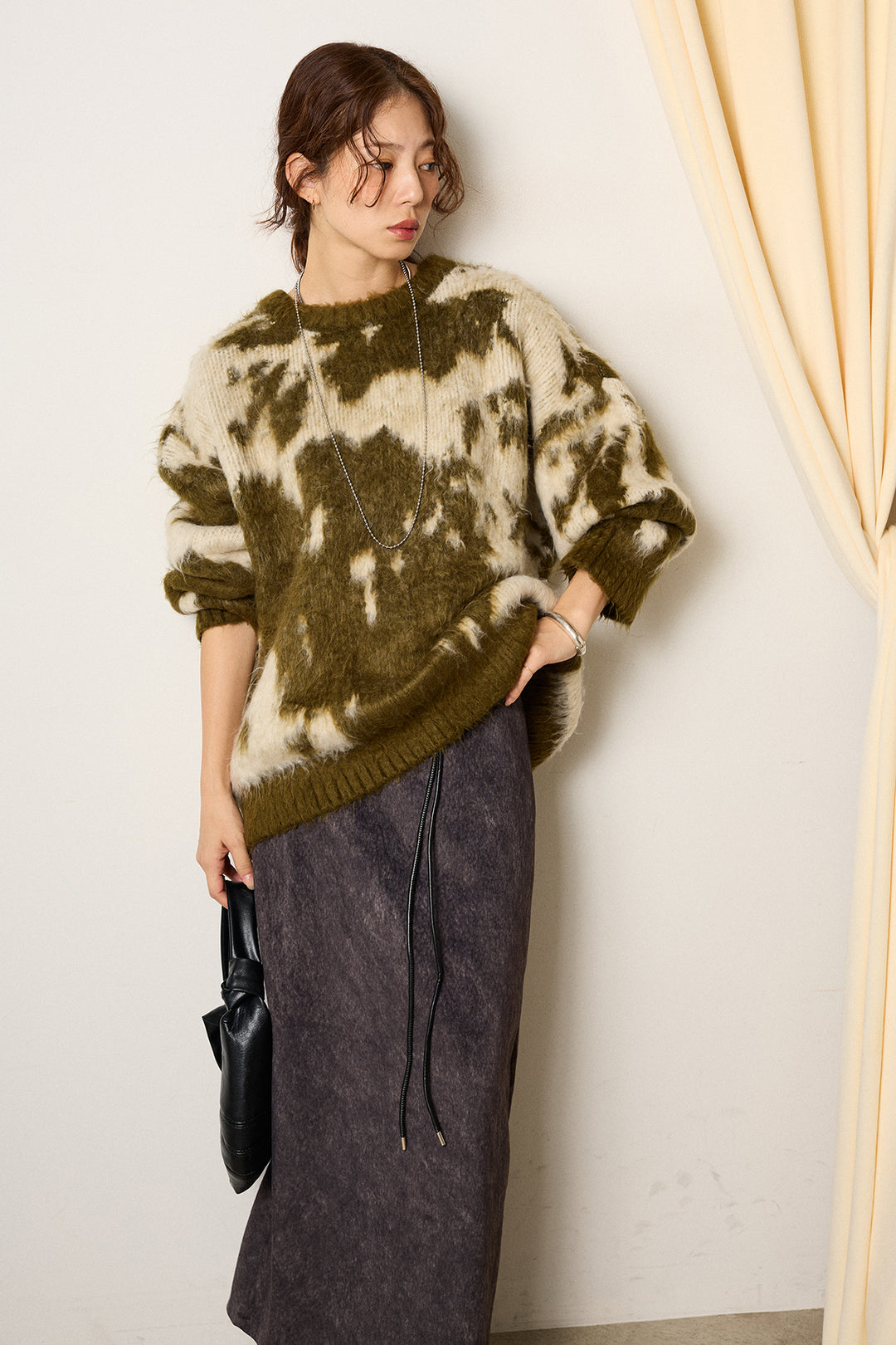 [SET]モヘアタッチマーブルニット+ロープベルト付きスウェード調スカート(2set)