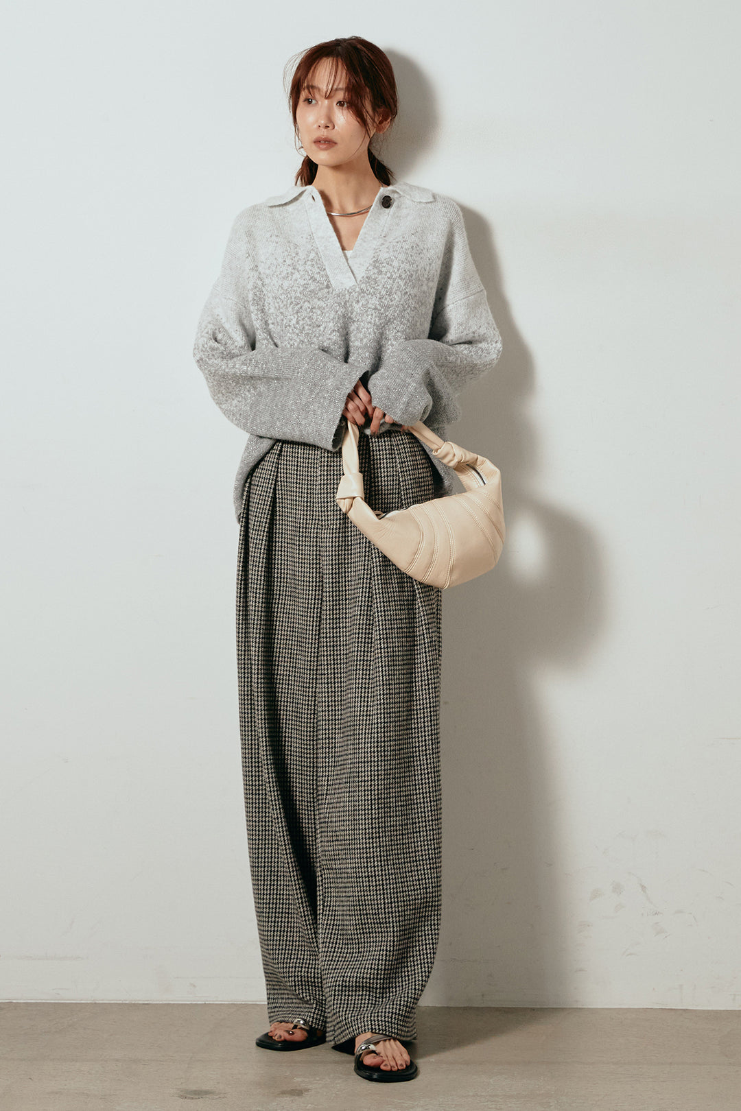 [SET]グラデーションラメニットキーネックプルオーバー+ガンクラブチェックタックパンツ(2set)