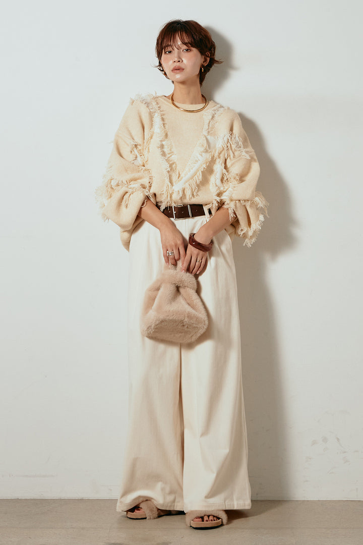 [SET]シャギージャガードニットトップス+太ベルト付きコーデュロイタックパンツ(2set)