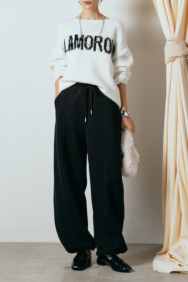 [SET]フロントロゴデザインニットトップス+スウェットワイドカーブパンツ(2set)