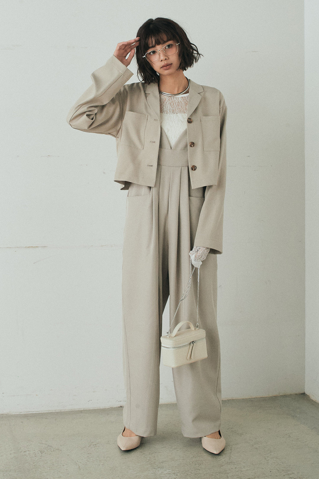 [SET]バックジップデザインショートツイルジャケット+キャミロングオールインワン(2set)