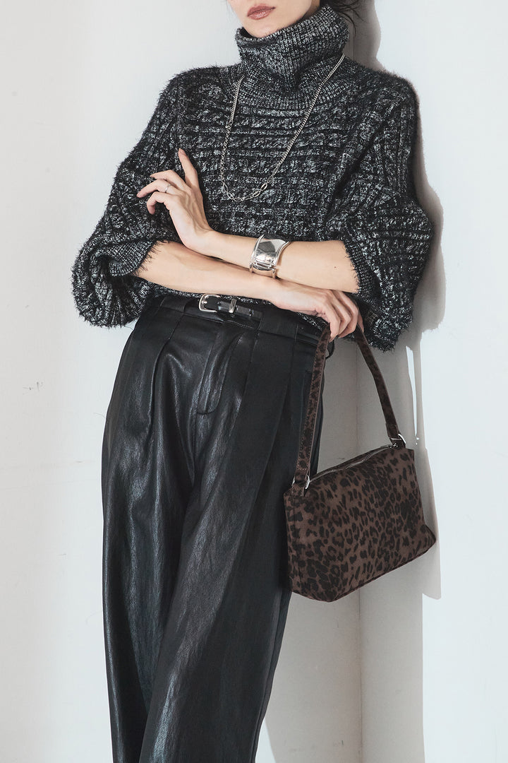 [SET]ミックス編みドルマンニットトップス+ベルト付きレザーライクタックパンツ(2set)