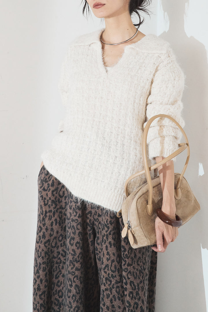 [SET]襟付きVネックニットトップス+リラックスレオパード柄ワイドパンツ(2set)