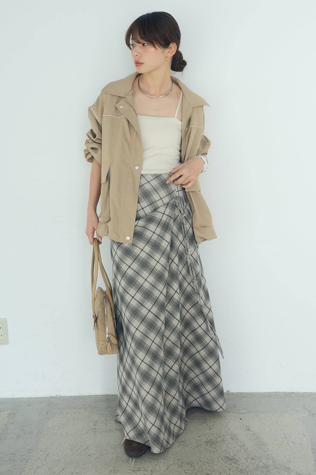 [SET]合繊ツイルバルーンジャケット+タータンチェック柄フロントデザインスカート(2set)