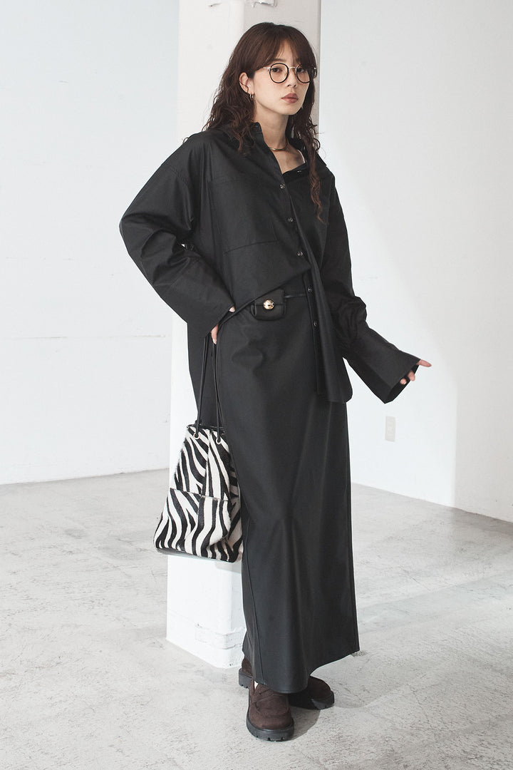 [SET]ウォッシャブルエコレザービックカフスシャツ+ウォッシャブルエコレザーナロースカート(2set)