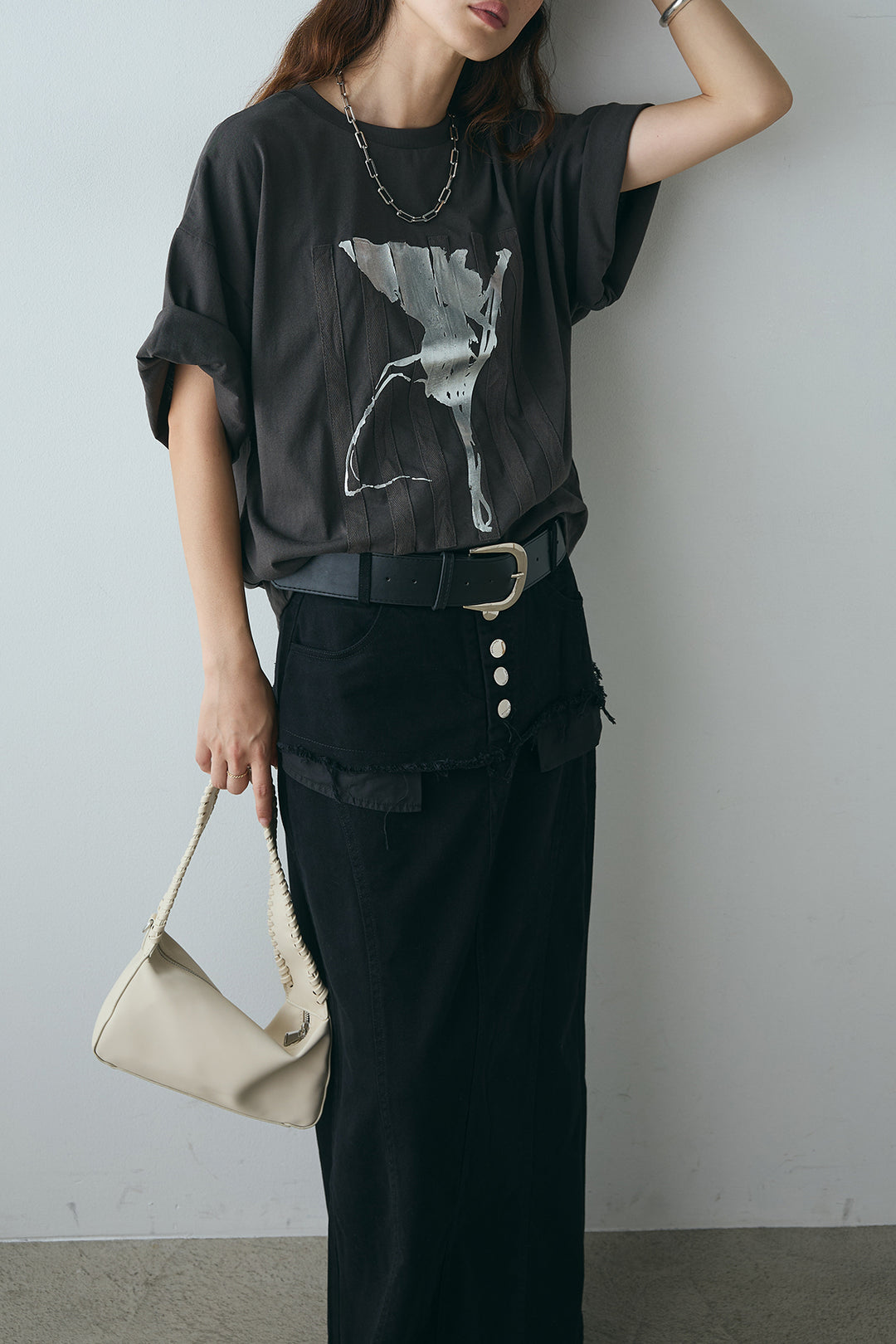 [SET]ニュアンス箔プリントTシャツ+レイヤードデザインワイドスカート(2set)