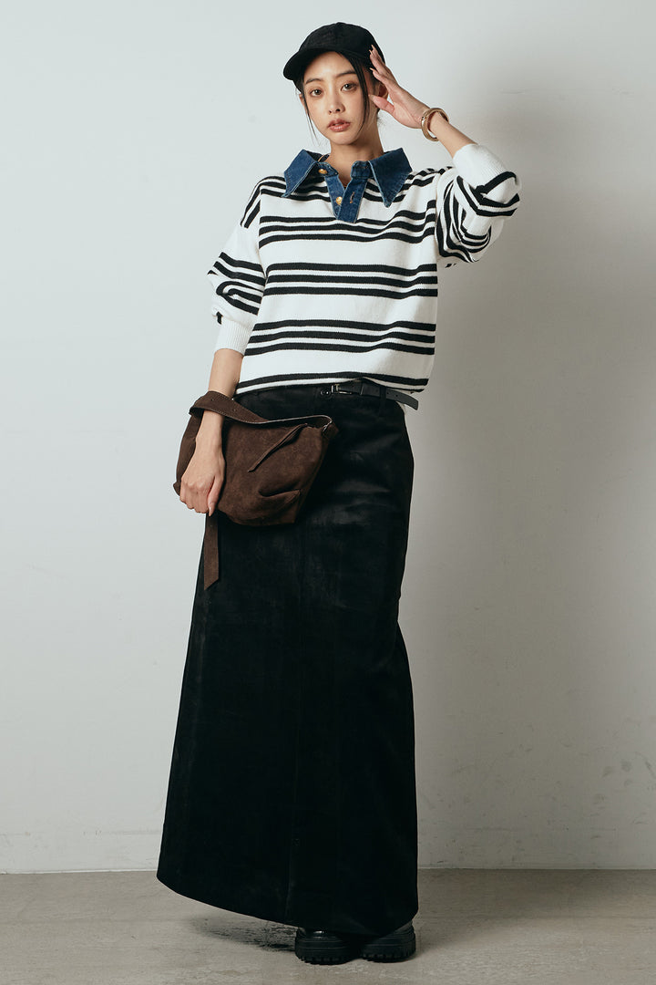 [SET]デニムレイヤード風ランダムボーダーニットプルオーバー+エコスウェードワイドスカート(2set)