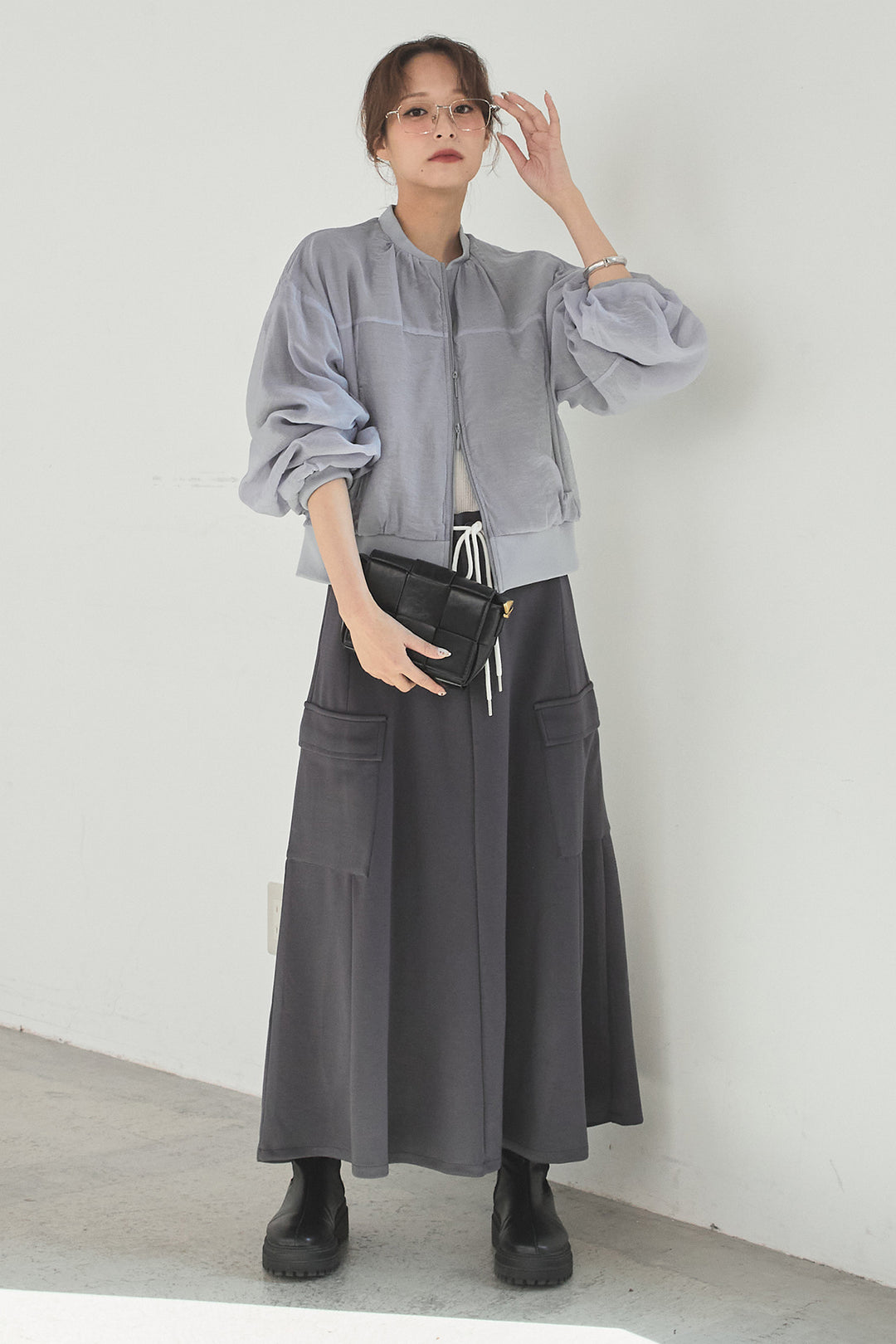 [SET]シアー×ポンチブルゾン+リラックススウェットスカート(2set)