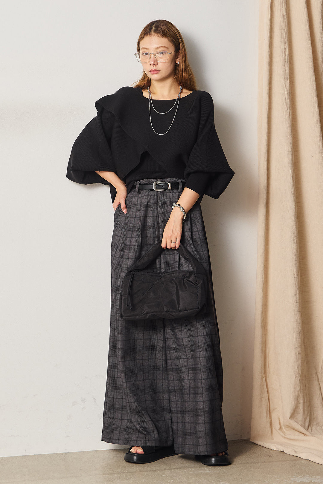[SET]タンク付きクロスデザインニットプルオーバー+タック入りタータンチェックワイドパンツ(2set)
