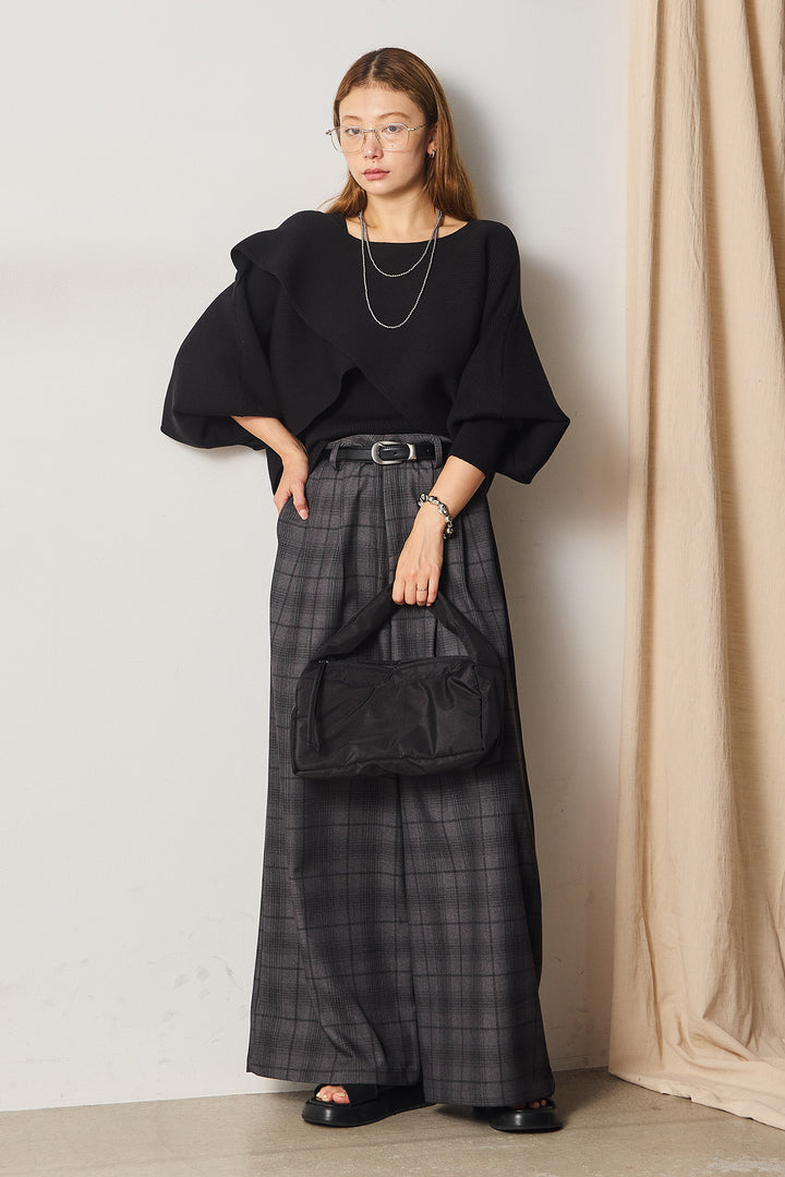 [SET]タンク付きクロスデザインニットプルオーバー+タック入りタータンチェックワイドパンツ(2set)