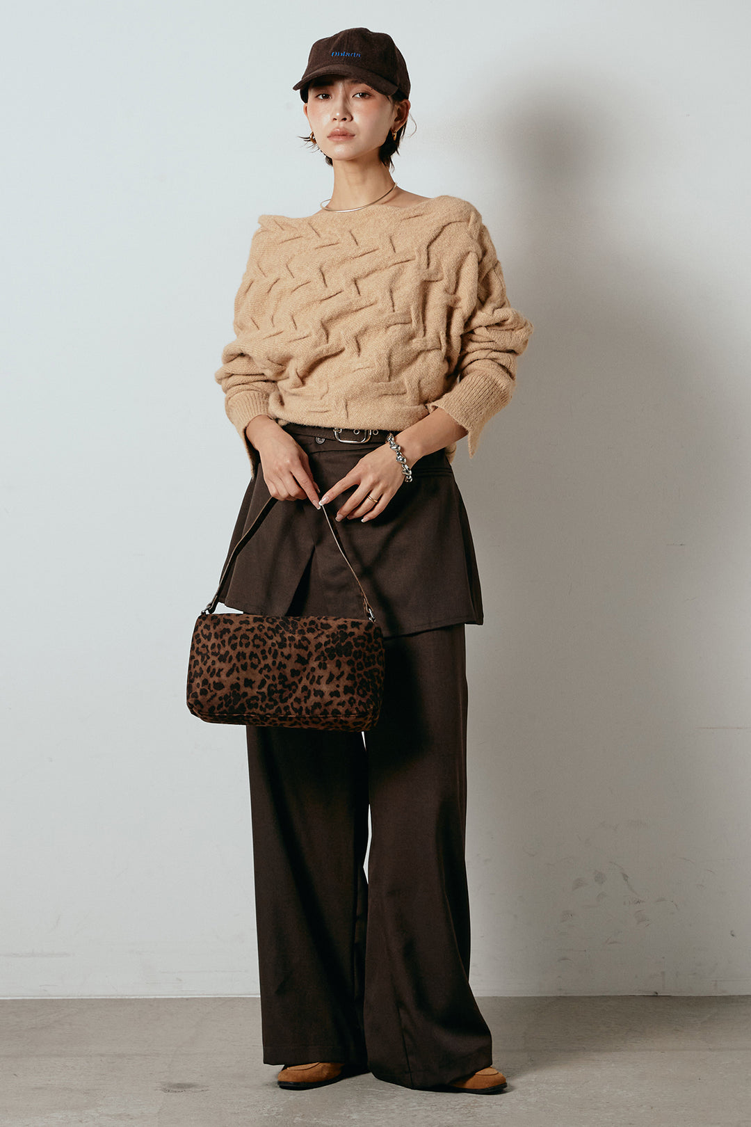 [SET]ボートネックニットトップス+ベルト付きウエストデザインパンツ(2set)