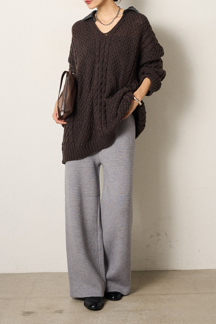 [SET]デニムカラーケーブルオーバーニット+ワイドリブニットイージーパンツ(2set)