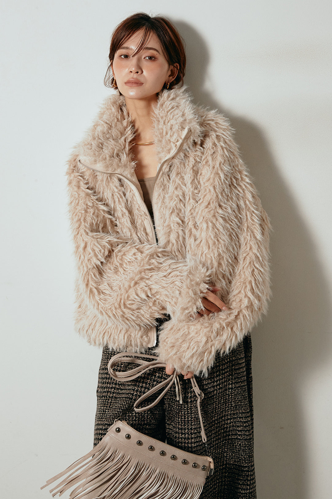 [SET]ミックスシープファースタンドブルゾン+前後2wayグレンチェック柄スカーチョサロペット(2set)