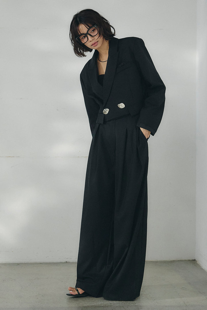 [SET]メタルプレートショート丈ジャケット+メタルプレートタックワイドパンツ(2set)