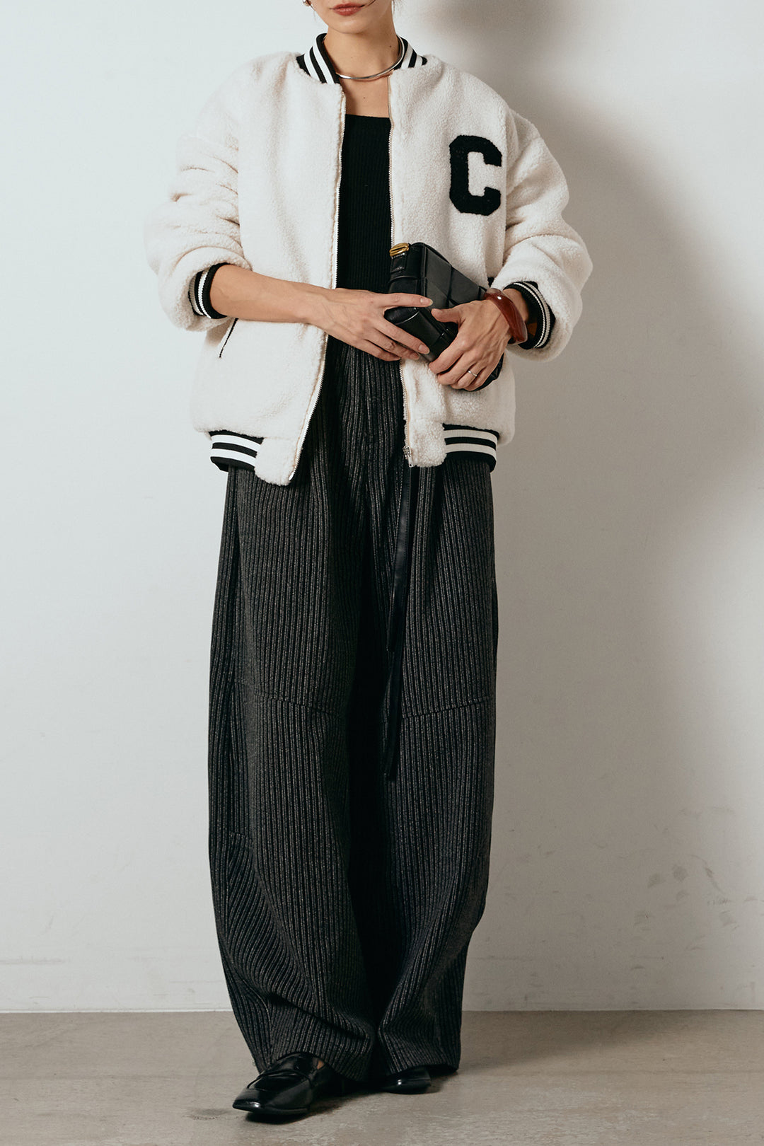 [SET]ロゴスタジャンボアブルゾン+レザーライク配色ストライプパンツ(2set)