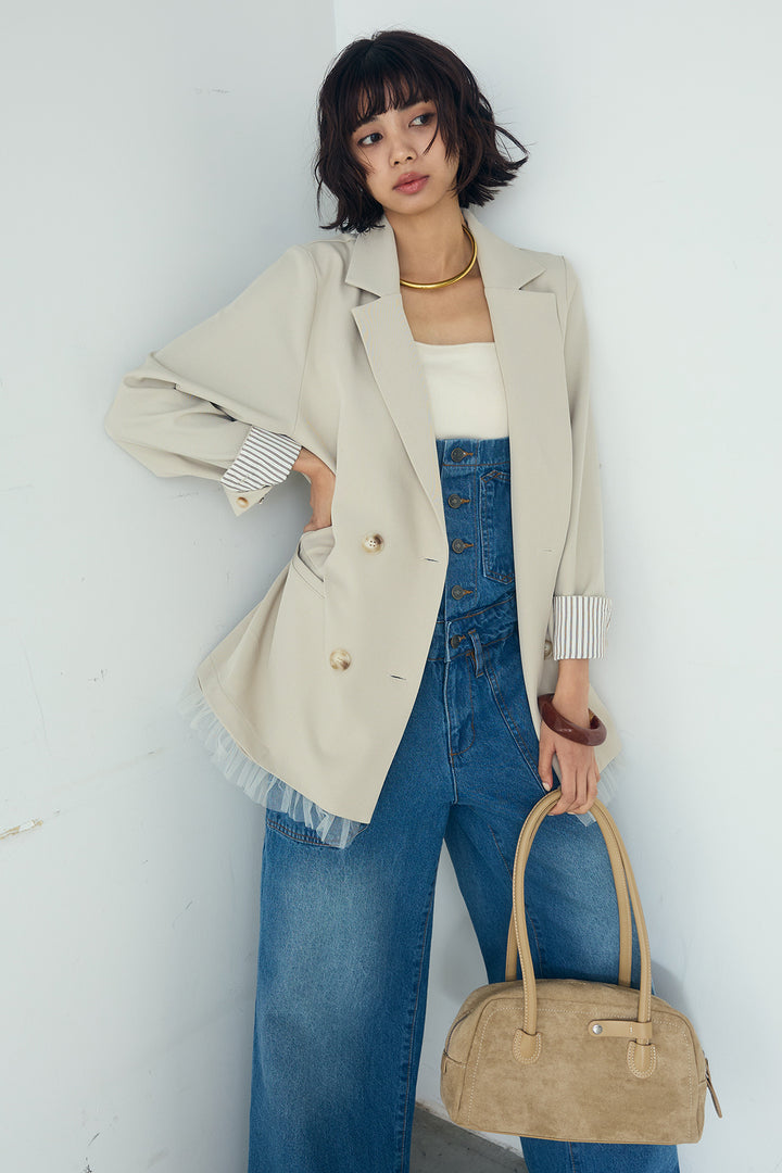 [SET]裾フリルダブルジャケット+デニムサロペットワイドパンツ(2set)