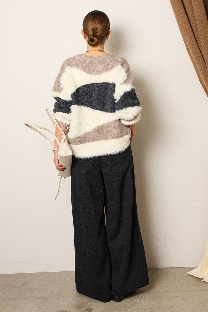 [SET]シャギーウェーブ柄クルーネックニットトップス+細ベルト付き起毛タックワイドパンツ(2set)