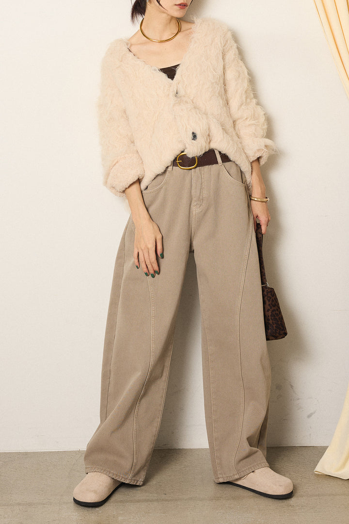 [SET]起毛シャギーニットカーディガン+ベルト付きカジュアルカーブワイドパンツ(2set)