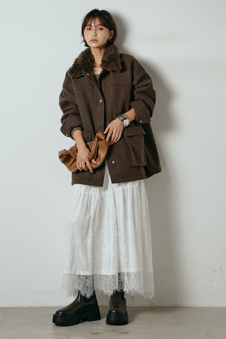 [SET]エコウール衿ファー薄中綿入りミドルカバーオール+ひげレース切替ロング丈スカート(2set)