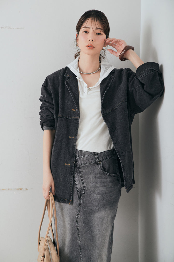 [SET]オーバーデニムジャケット+ウエストクロスデニムタイトスカート+シアーリブフーディプルオーバー(3set)