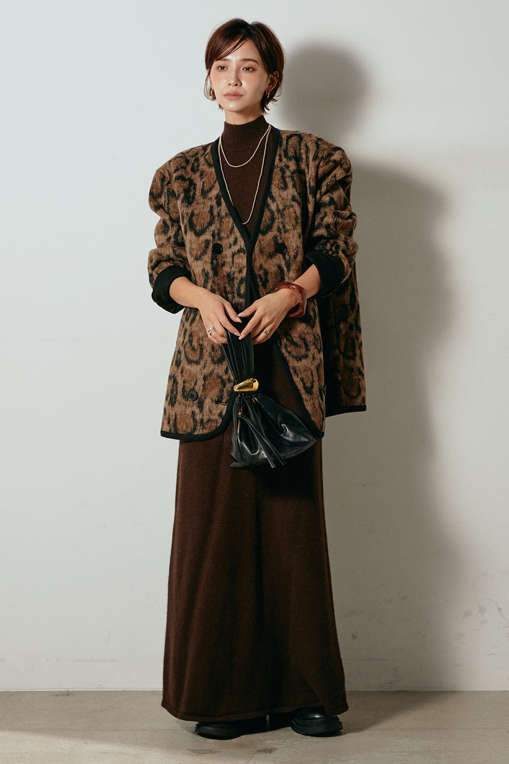 [SET]ノーカラーレオパード柄アウター+ノースリーブニットロングワンピース(2set)