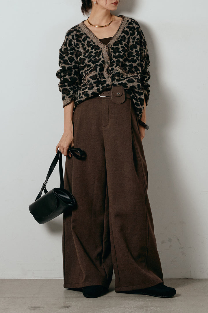 [SET]ステッチデザインレオパードニットカーディガン+ポーチベルト付きカーブパンツ(2set)