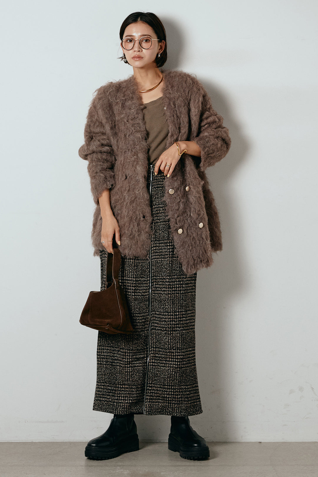 [SET]ウェーブシャギーニットジャケット+グレンチェック柄フロントジップタイトスカート(2set)