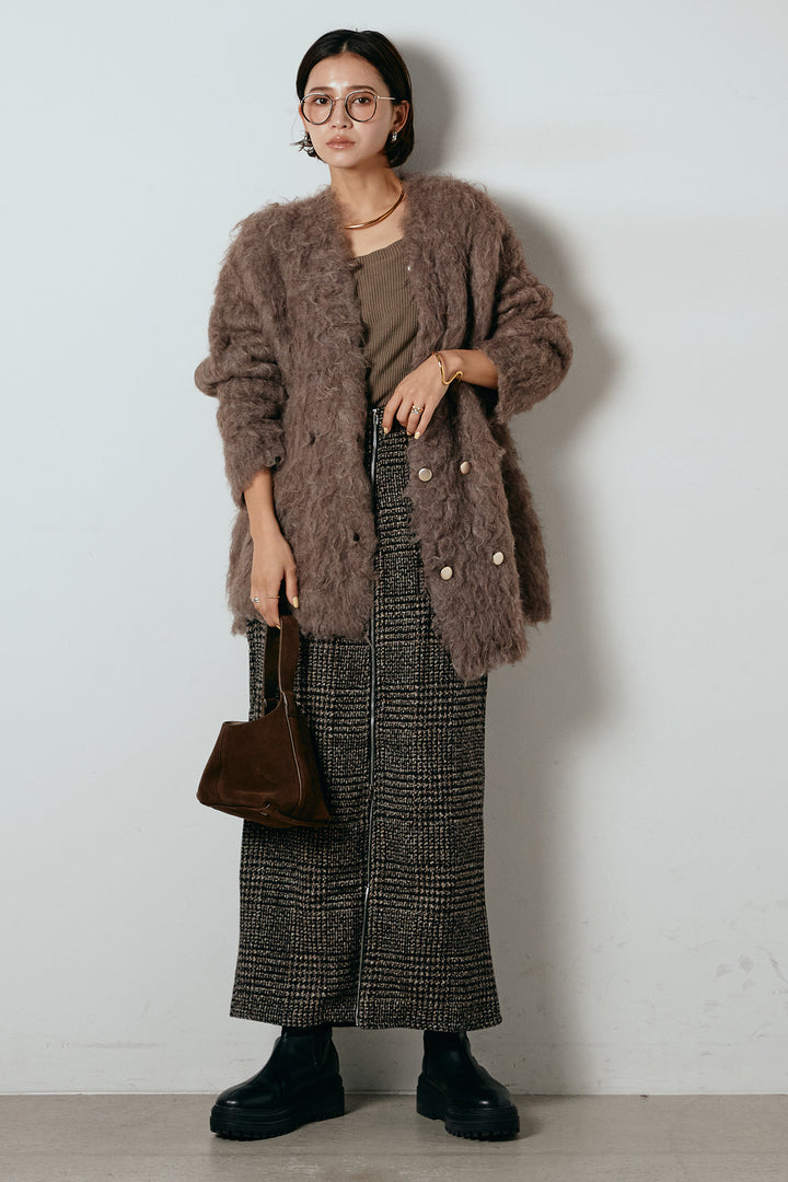 [SET]ウェーブシャギーニットジャケット+グレンチェック柄フロントジップタイトスカート(2set)