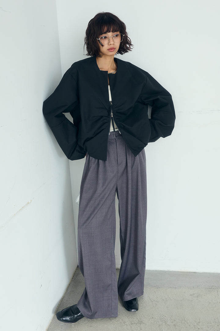 [SET]ノーカラーフロントギャザージップアウター+ツイルメニータックパンツ(2set)