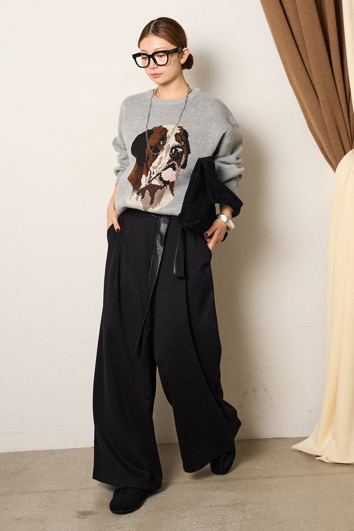 [SET]アニマルジャガード柄ニットトップス+巻ベルトウエストレザーライクワイドパンツ(2set)