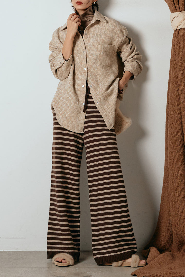 [SET]ルーズクラッシュツイルシャツ+リブニットシームレスタートルプルオーバー+ボーダーリラックスニットパンツ(3set)