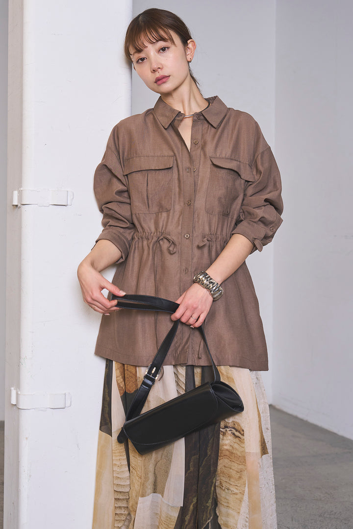 [SET]リネンブレンドシアーサファリシャツ+アートペイント柄スカート(2set)