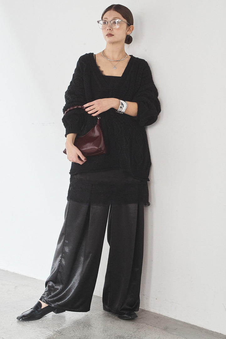 [SET]ケーブルVニットセーター+サテンタックワイドパンツ(2set)