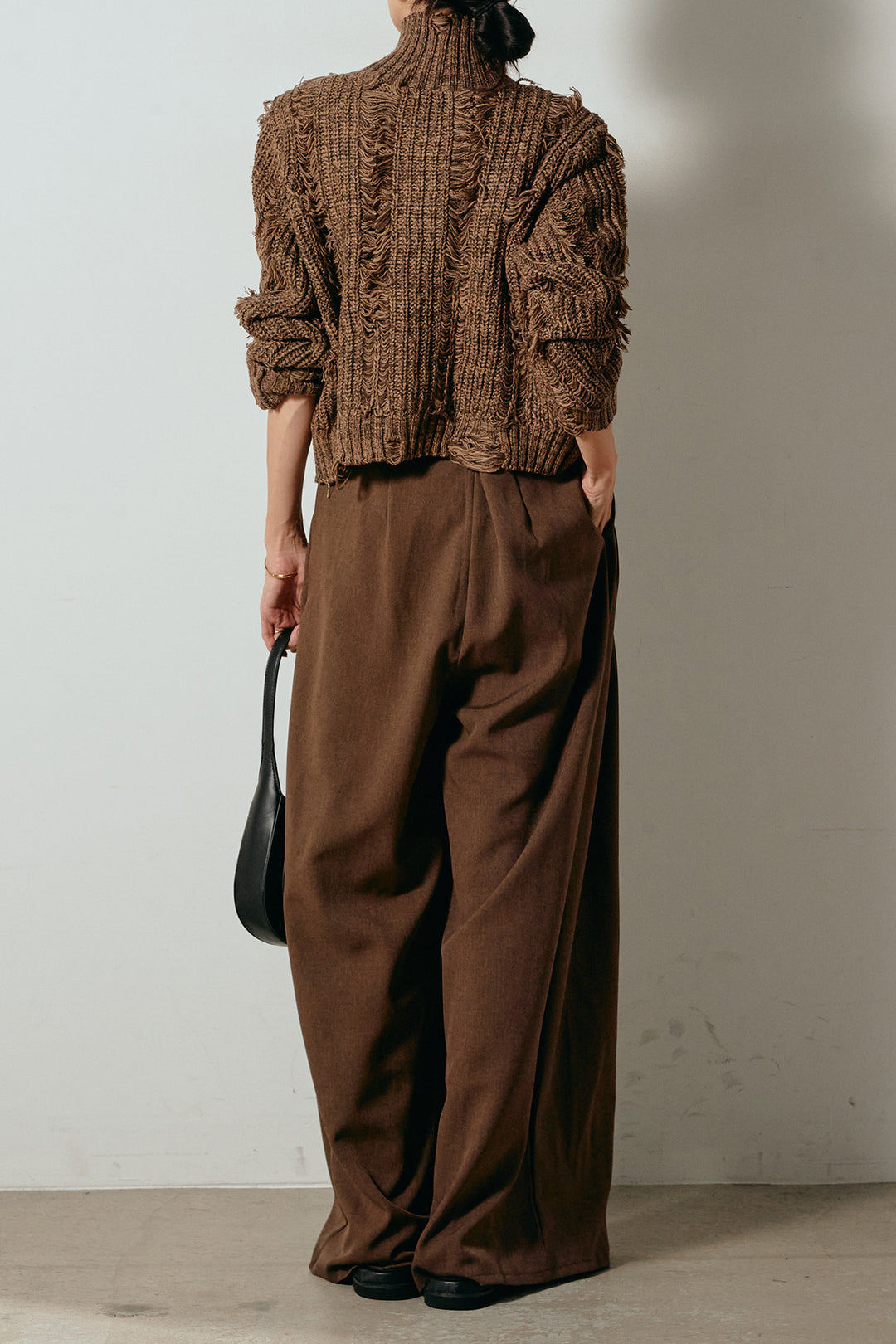 [SET]ハイネックフリンジジップニットトップス+ウエストステッチデザインワイドスラックス(2set)