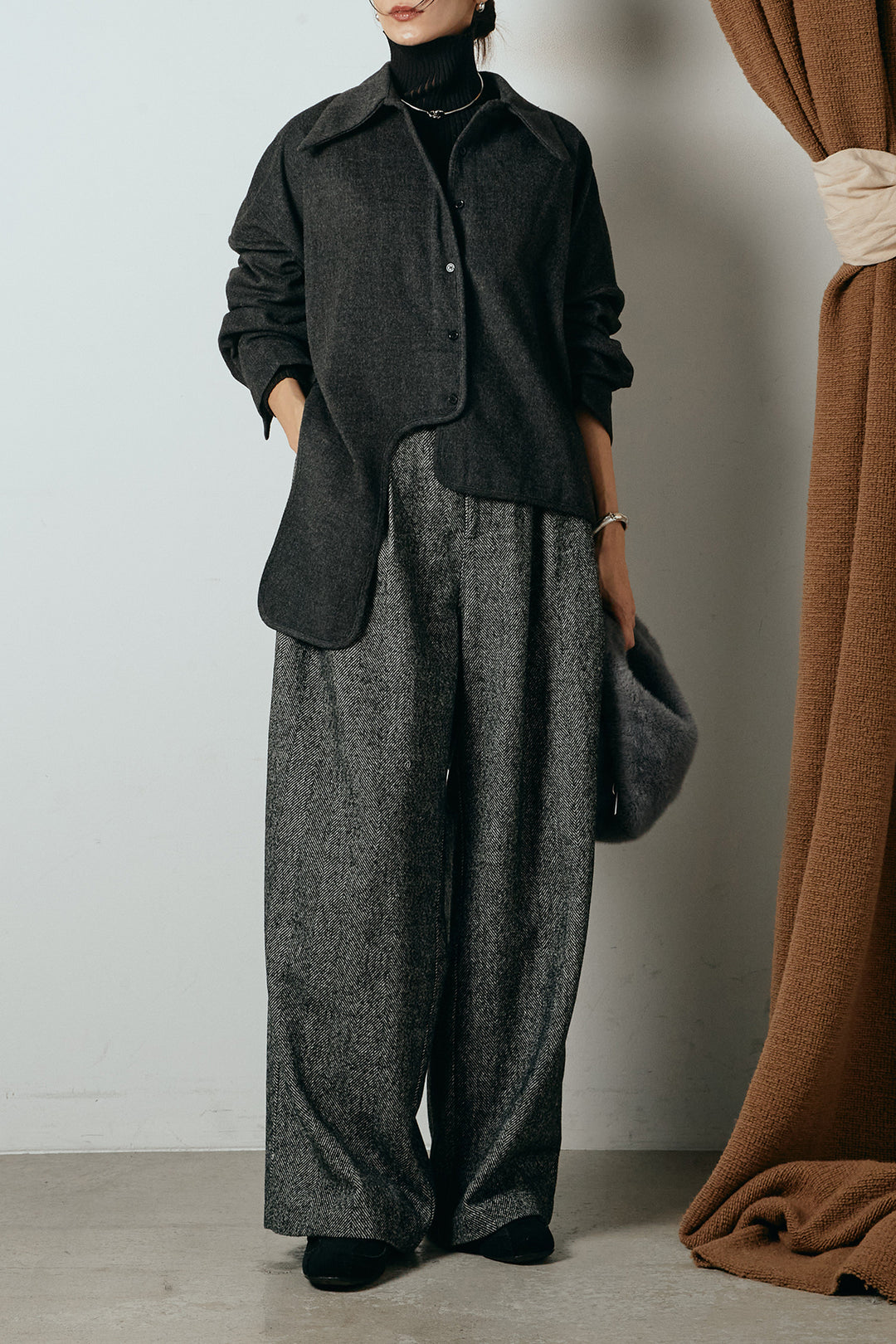[SET]裾アシンメトリーデザインシャツ+タックツイードワイドパンツ(2set)