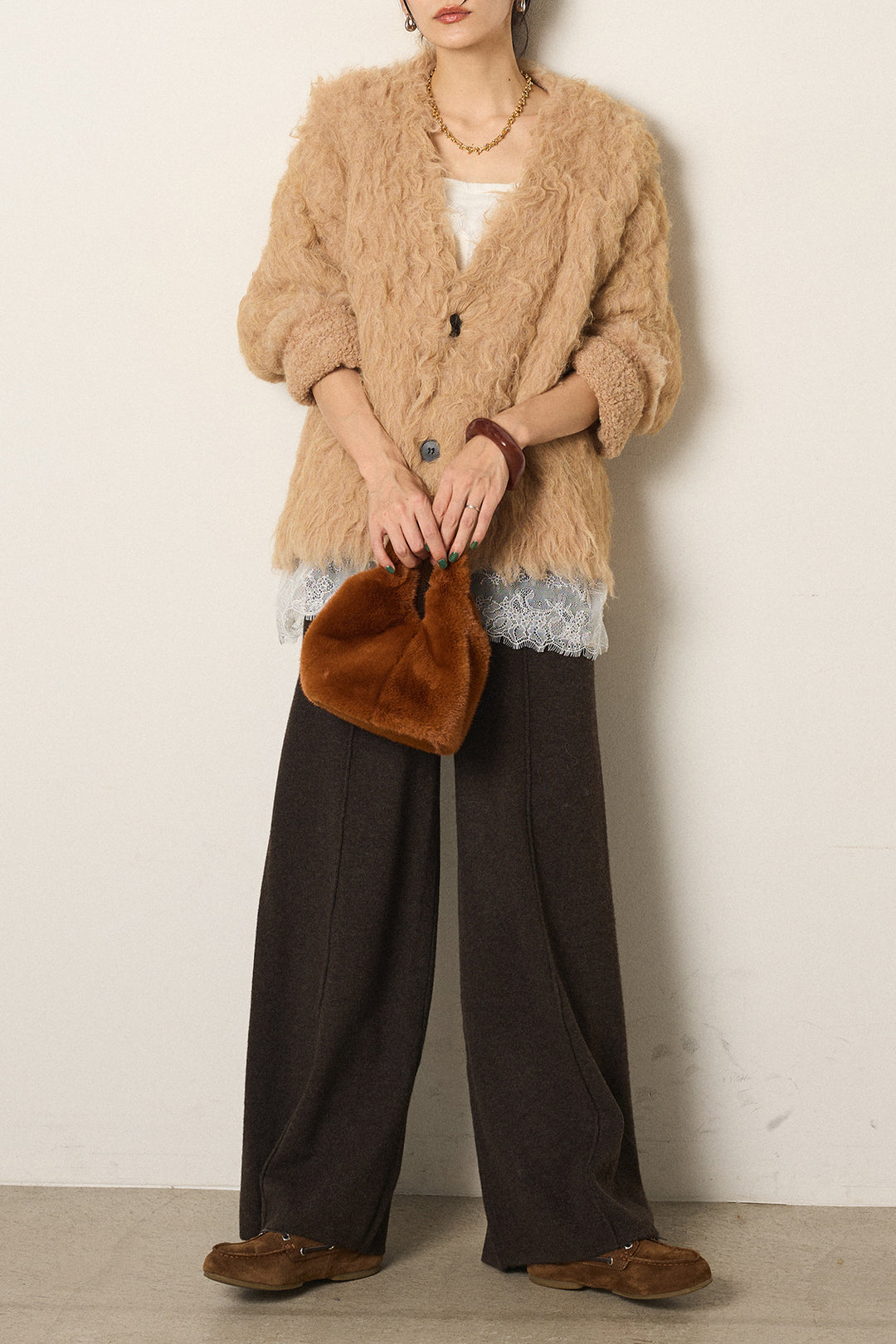 [SET]起毛シャギーニットカーディガン+センターラインニットパンツ+レース切り替えキャミソール(3set)