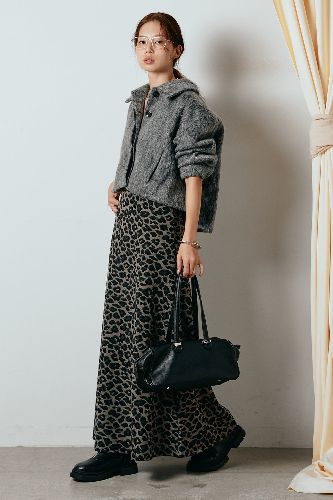 [SET]シャギーショートジャケット+レオパードロングスカート(2set)