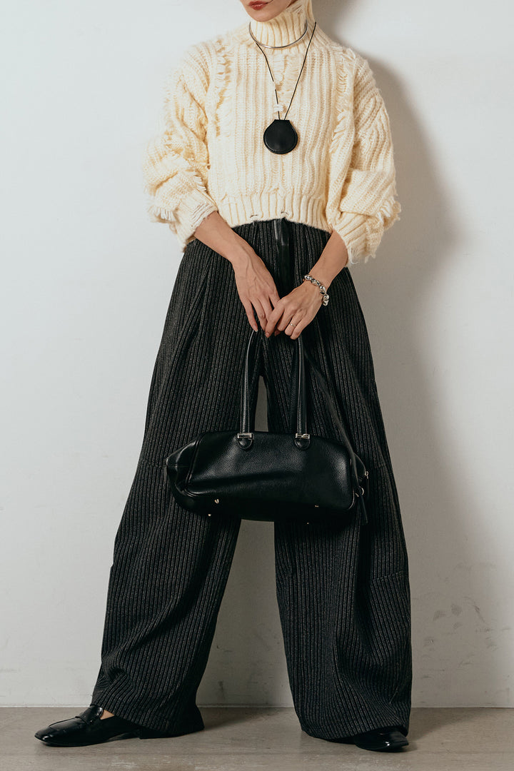 [SET]フリンジタートルショートニット+レザーライク配色ストライプパンツ(2set)