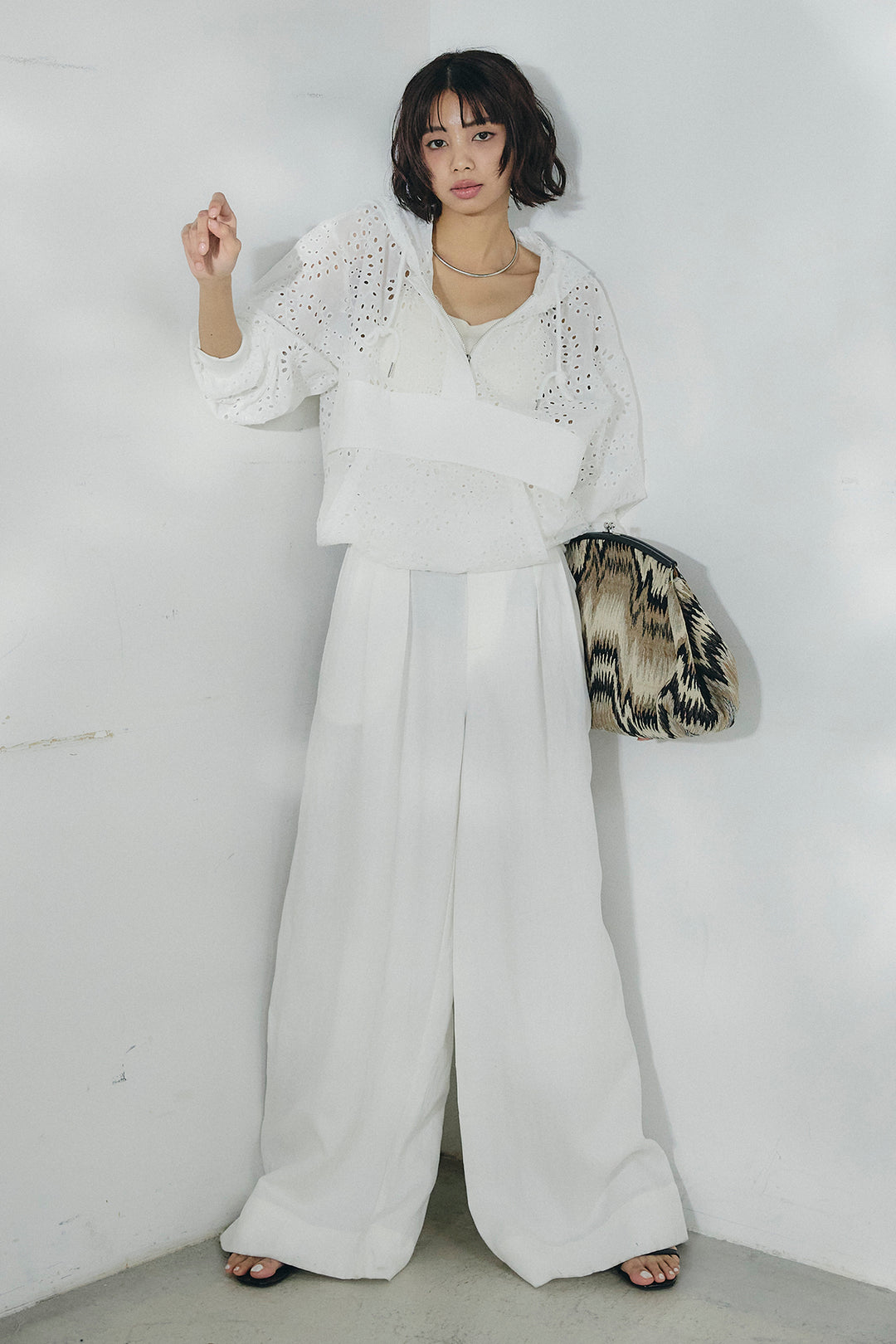 [SET]レースハーフジップアップフーディー+リネン混タックストレートワイドパンツ(2set)