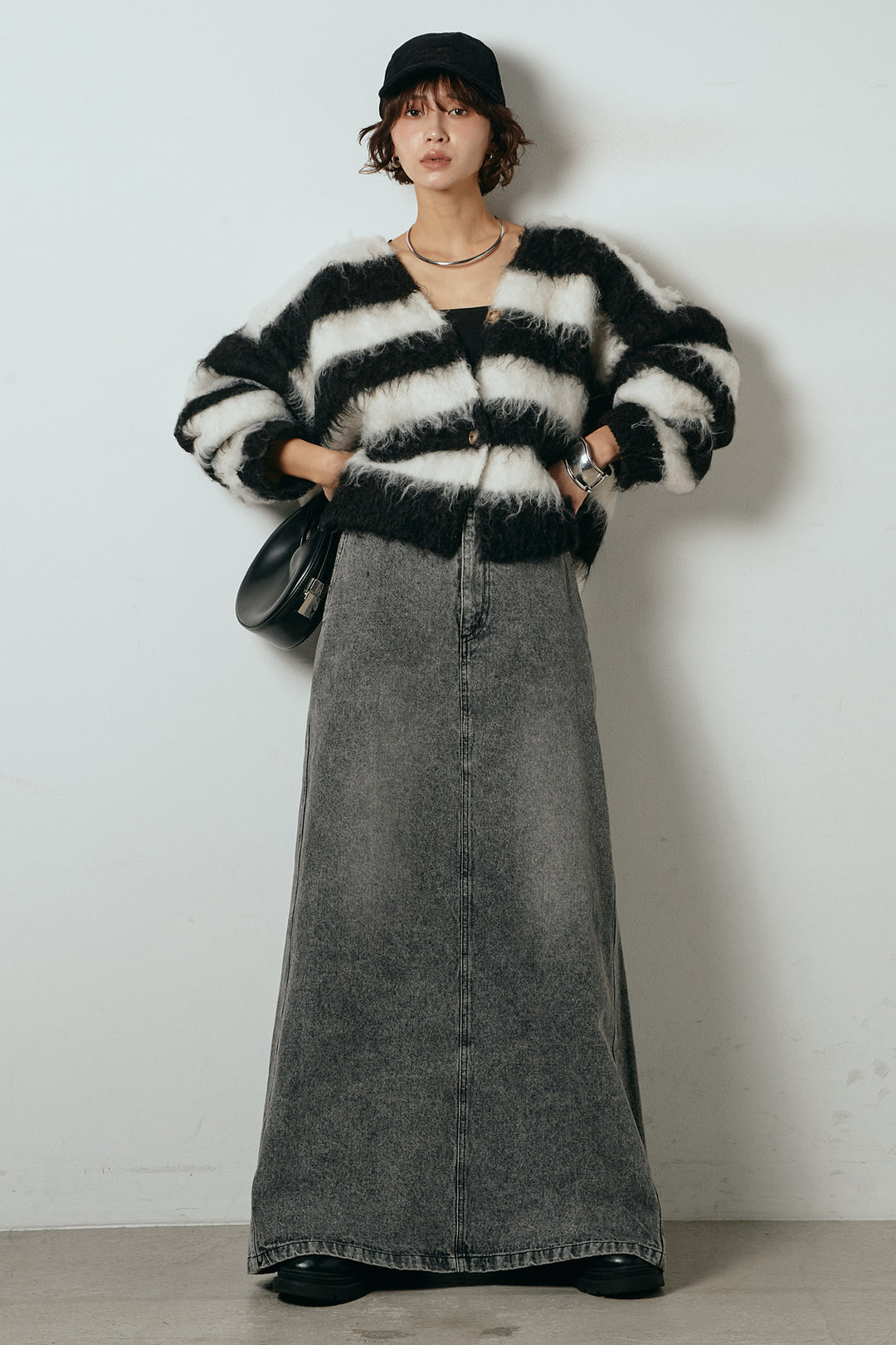 [SET]シャギーボーダー柄ニットカーディガン+デニムロングフレアスカート(2set)