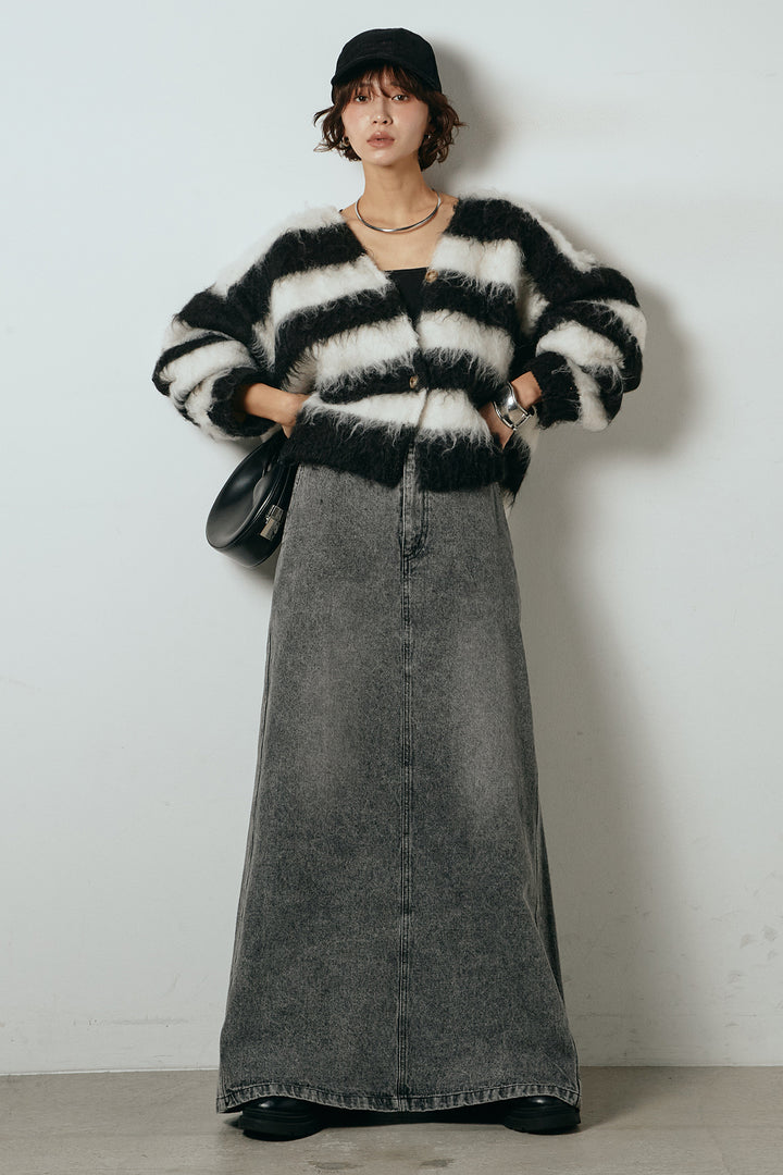 [SET]シャギーボーダー柄ニットカーディガン+デニムロングフレアスカート(2set)